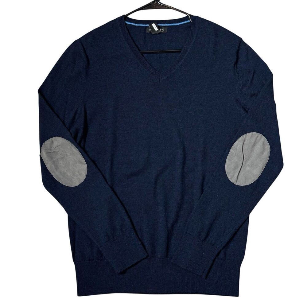 Banana Republic Merino Wool Elbow Patch Sweater Mens Large Navy Preppy Old Money